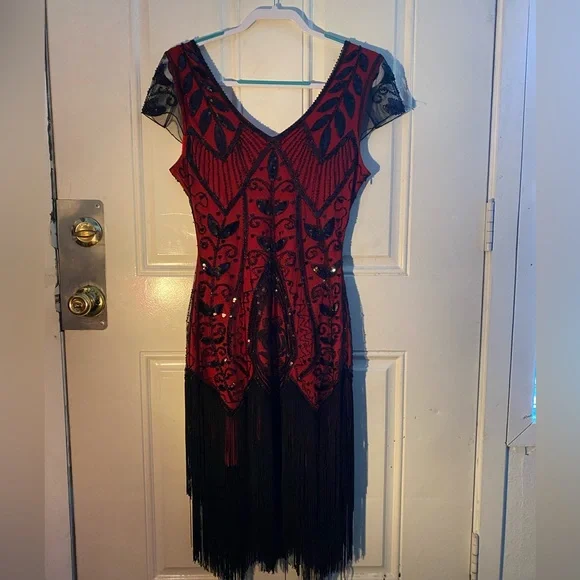 blue dress for baby girl Zapaka Women Roaring 20s Party Dress Black Red Beaded Gatsby Fringed Flapper Dress, Black / S main image 1